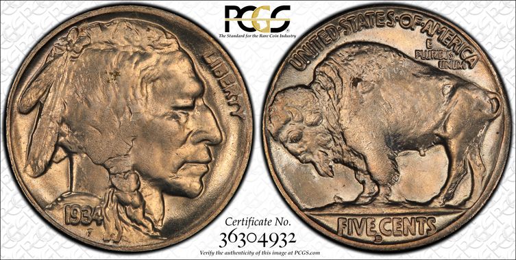 1934-D Buffalo Nickel - PCGS MS64 CAC - Gold Shield Trueview 5C PQ Gem BU