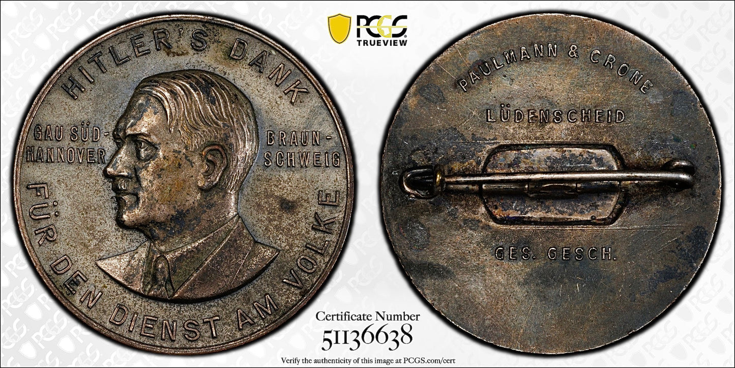 1934 Germany Third Reich C-210 South-Hanover Medal – PCGS AU55 – Silvered AE – Gau Süd-Hannover
