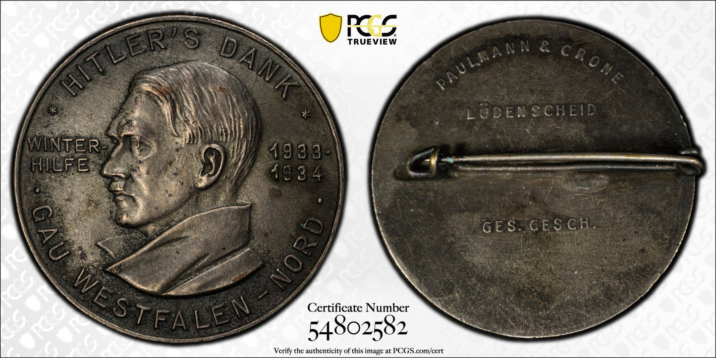 1934 Germany C-211 Westfalen-Nord Medal – PCGS AU58 – Silvered AE – Winterhilfe Issue