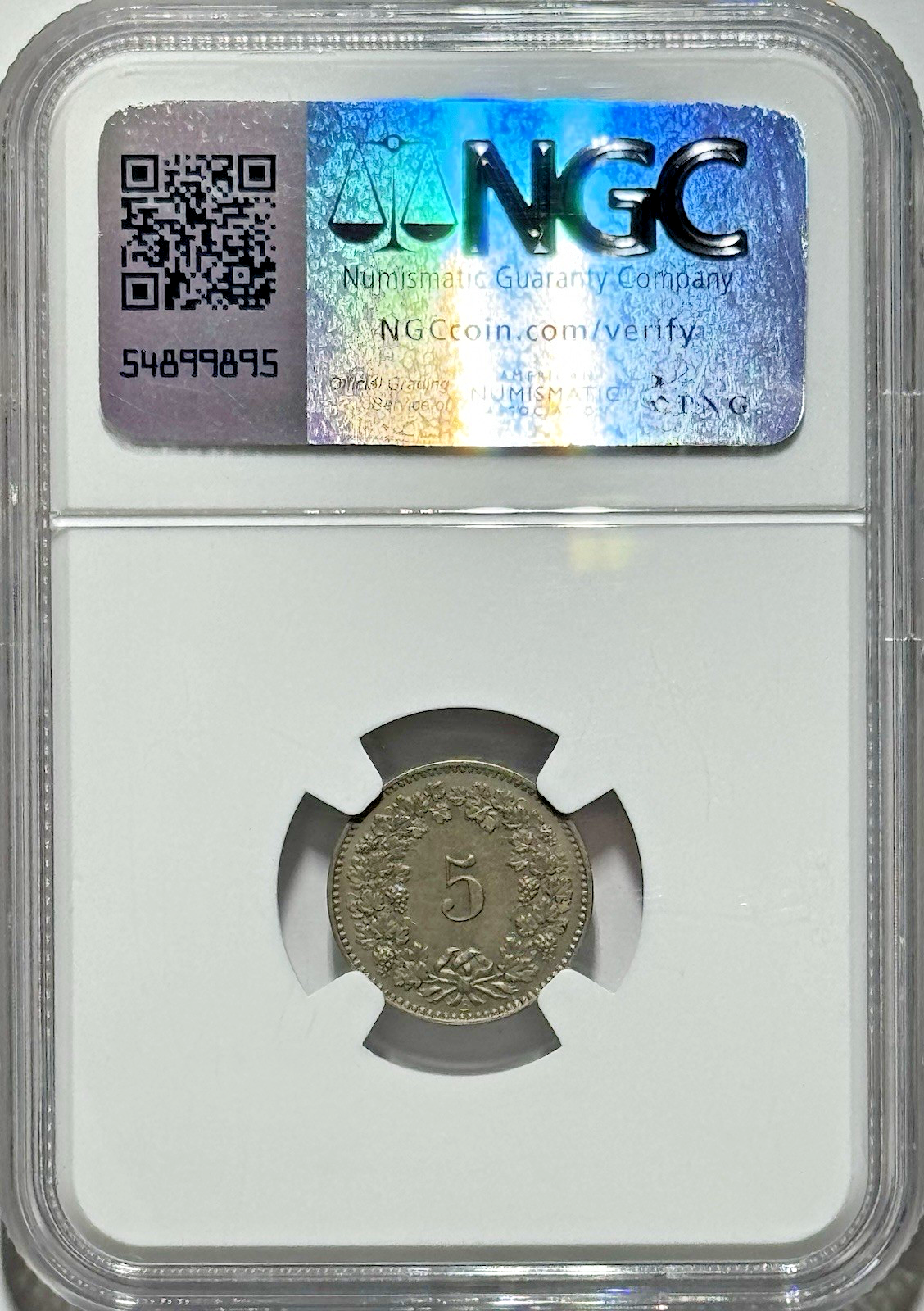 1887-B Switzerland 5 Rappen NGC MS63 — LOW MINT • STRAIGHT GEM SWISS HEAT!