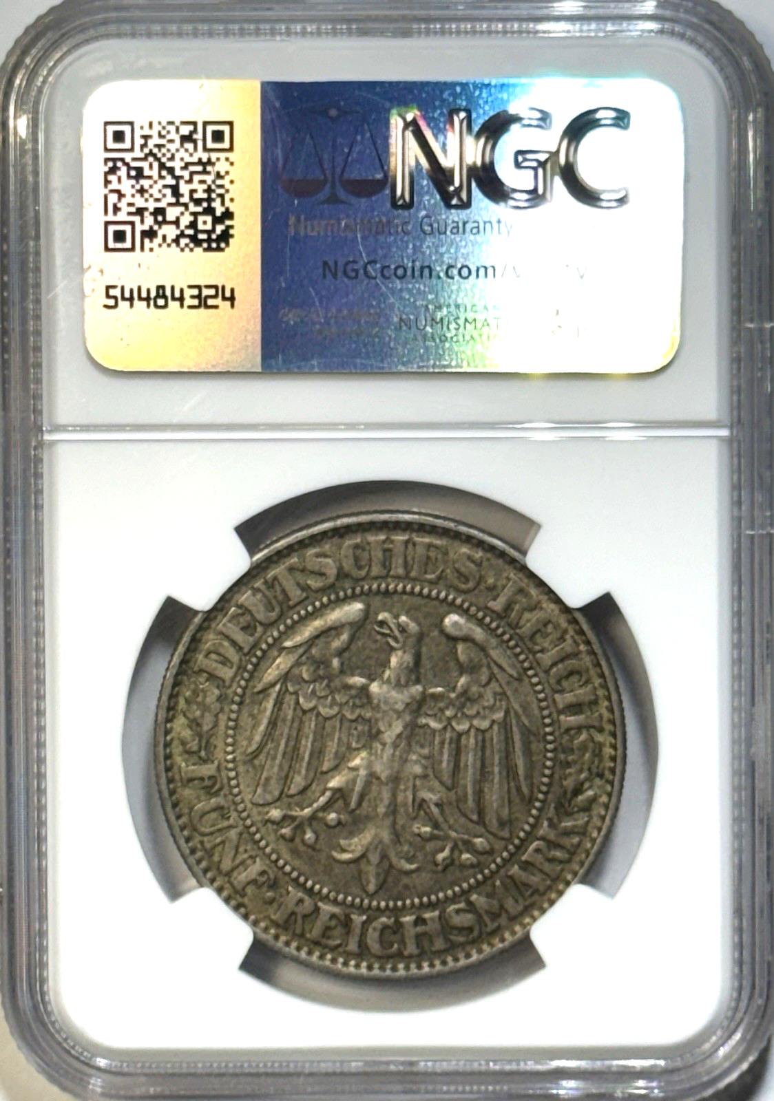 1928-D Germany 5 Mark “Oak Tree” - NGC AU55- Weimar Rep - Munich Toned Silver