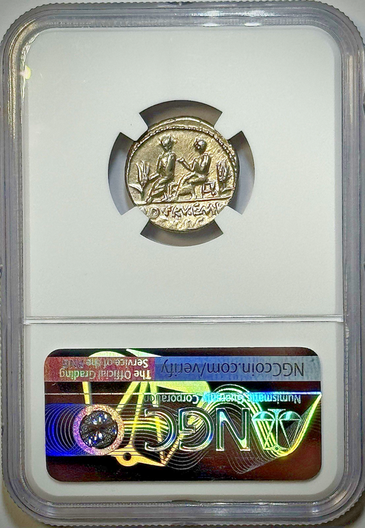 100 BC Piso–Caepio ROMAN REP AR (Silver) Denarius - NGC Ch XF Str: 4/5 Sur: 4/5