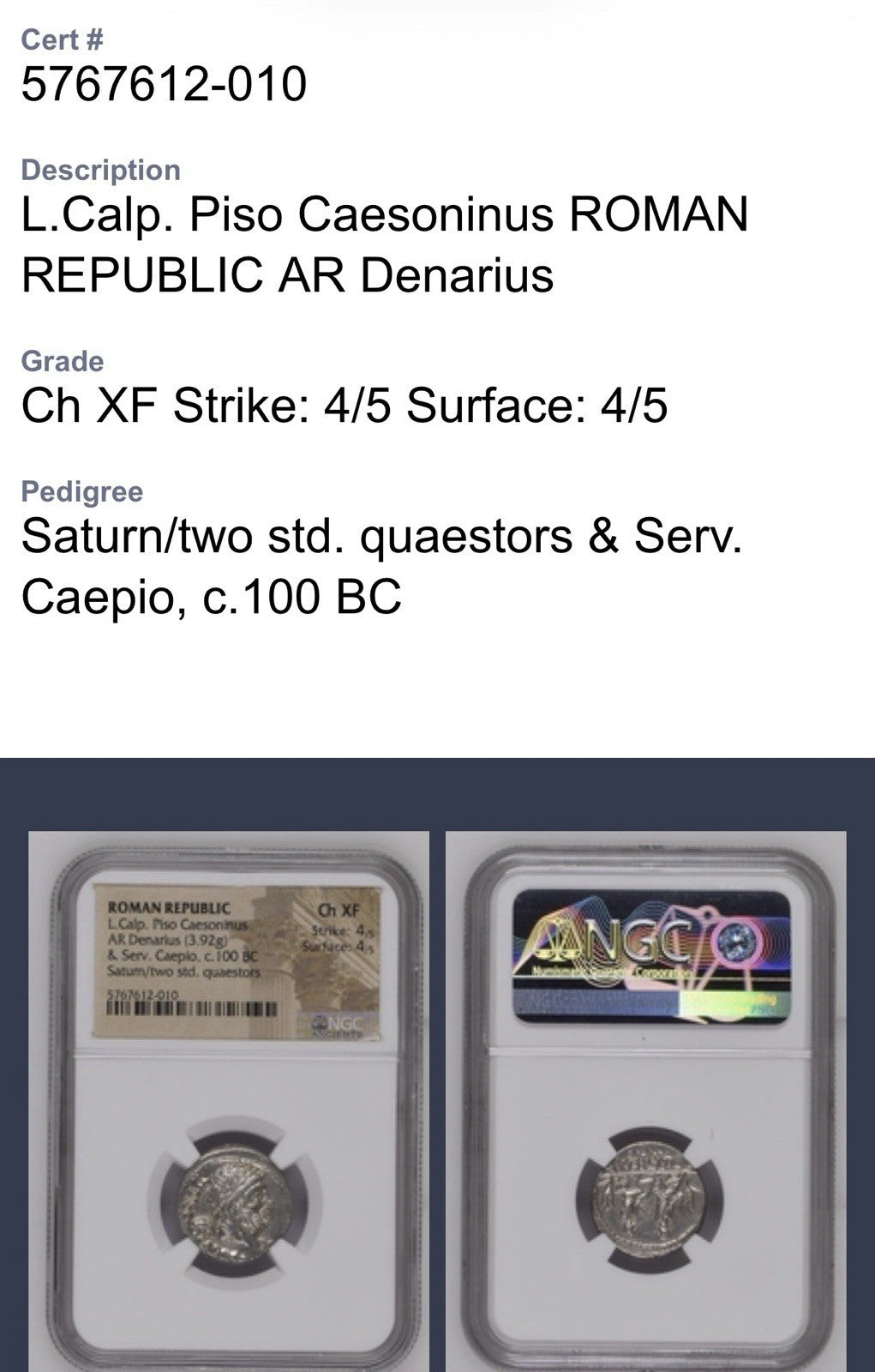 100 BC Piso–Caepio ROMAN REP AR (Silver) Denarius - NGC Ch XF Str: 4/5 Sur: 4/5