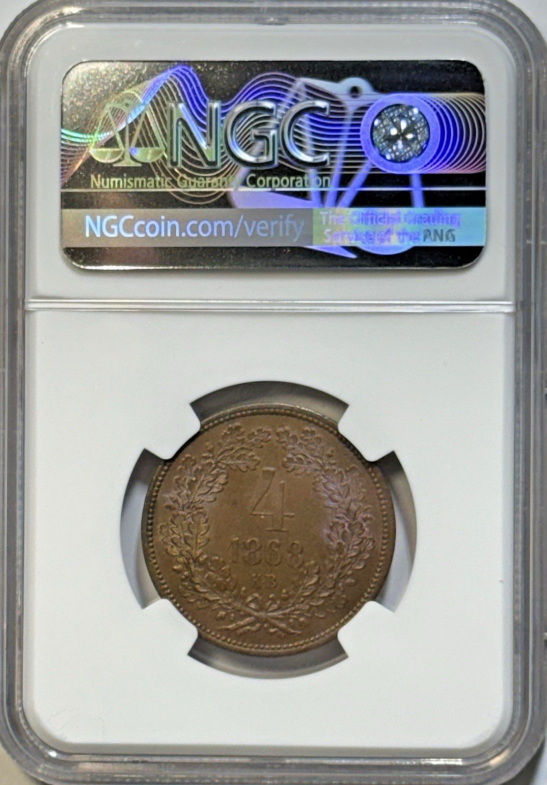 1868KB Hungary 4 Kreuzer NGC MS64 BN — BLUISH PURPLE TONED • GEM COPPER