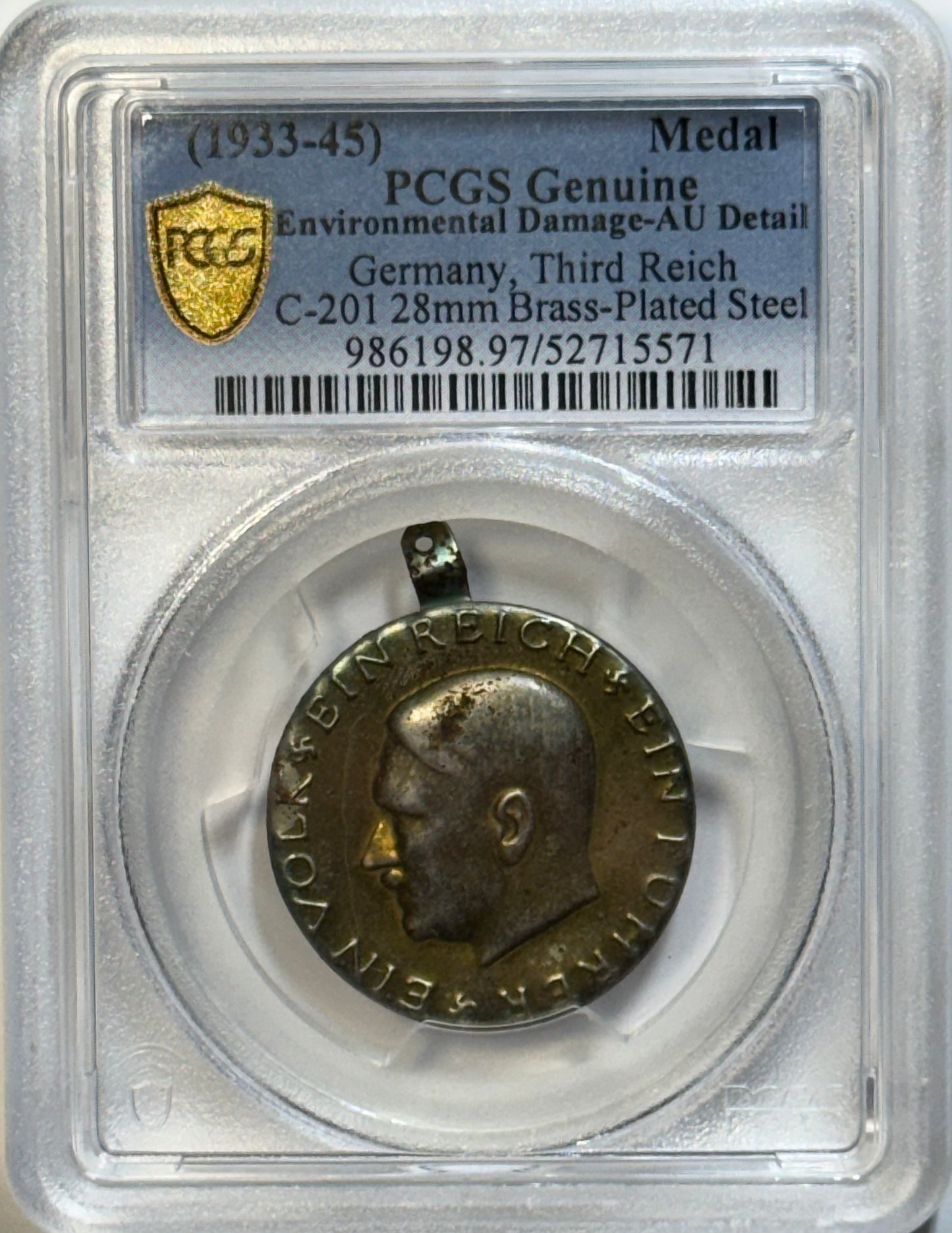 Germany Third Reich 1933–45 Medal C-201 – 28mm Brass-Plated Steel – PCGS Genuine AU Detail – RCG Shield