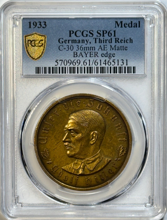 1933 Germany – Third Reich Medal – PCGS SP61 Bronze (AE) · Matte Finish · Bayer Edge · C-30 · 36mm