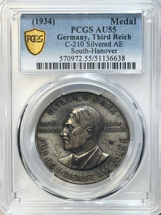 1934 Germany Third Reich C-210 South-Hanover Medal – PCGS AU55 – Silvered AE – Gau Süd-Hannover