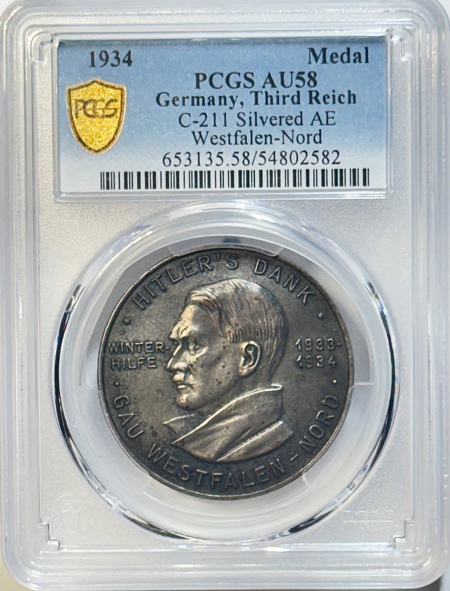 1934 Germany C-211 Westfalen-Nord Medal – PCGS AU58 – Silvered AE – Winterhilfe Issue