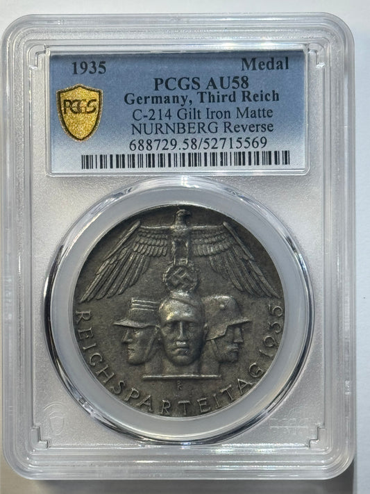 1935 Germany C-214 Nürnberg Medal – PCGS AU58 – Gilt Iron Matte – Certified