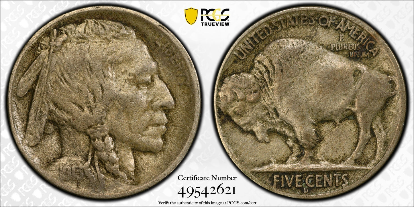 1913-D Buffalo Nickel Type 2 - PCGS XF40 - Key Date Better Date 5C Gold Shield