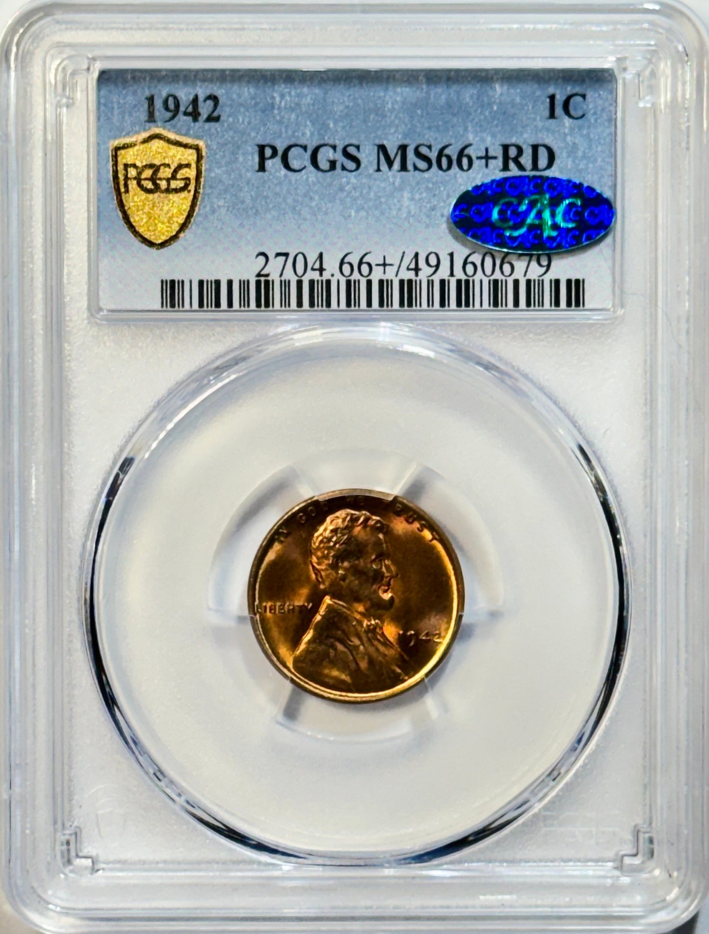 1942 Lincoln Wheat Cent - PCGS MS66+ RD CAC - Gold Shield Superb Gem Penny 1C