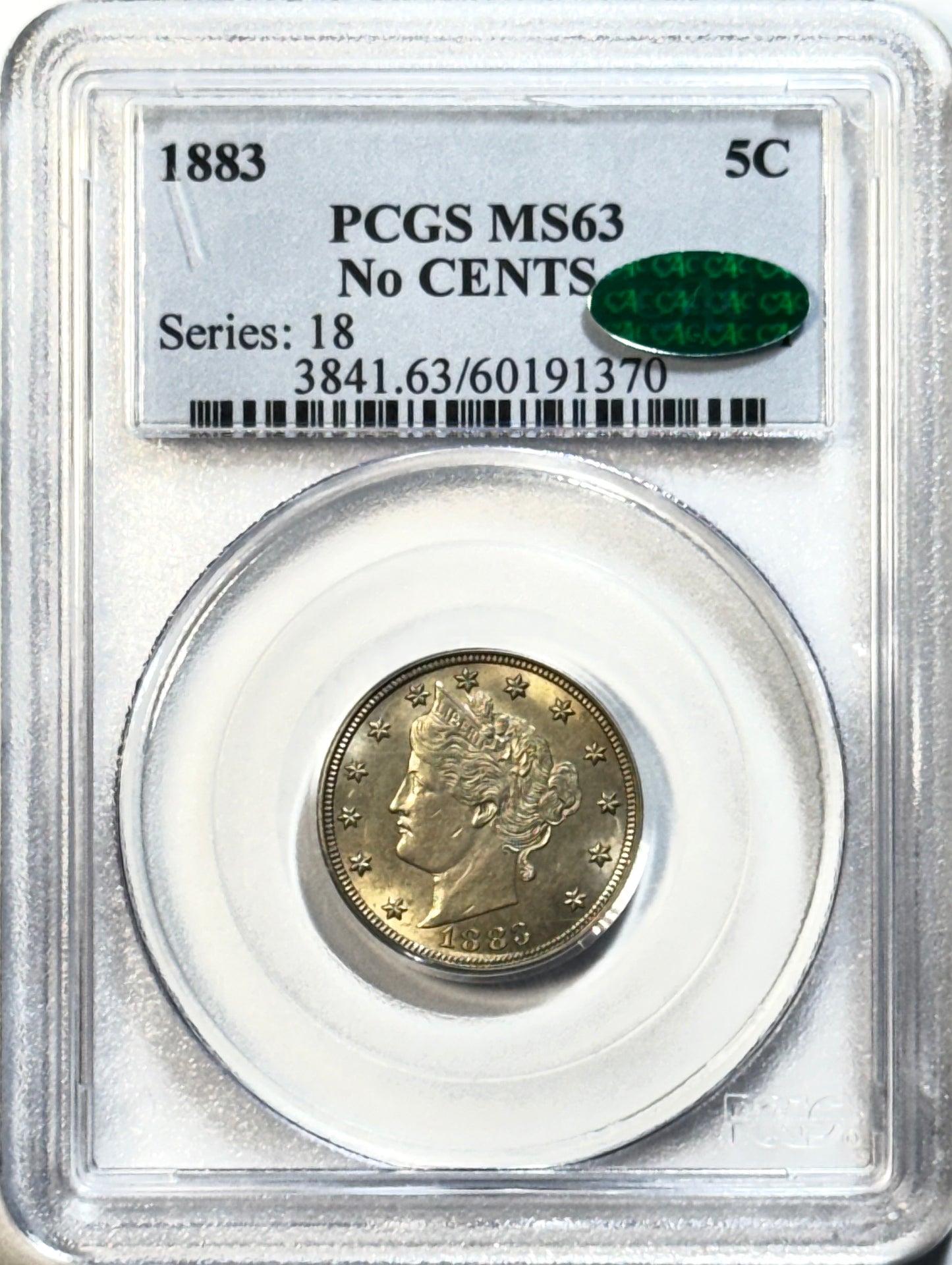1883 No CENTS Liberty Nickel - PCGS MS63 CAC - Series 18 PQ 5C Type Coin