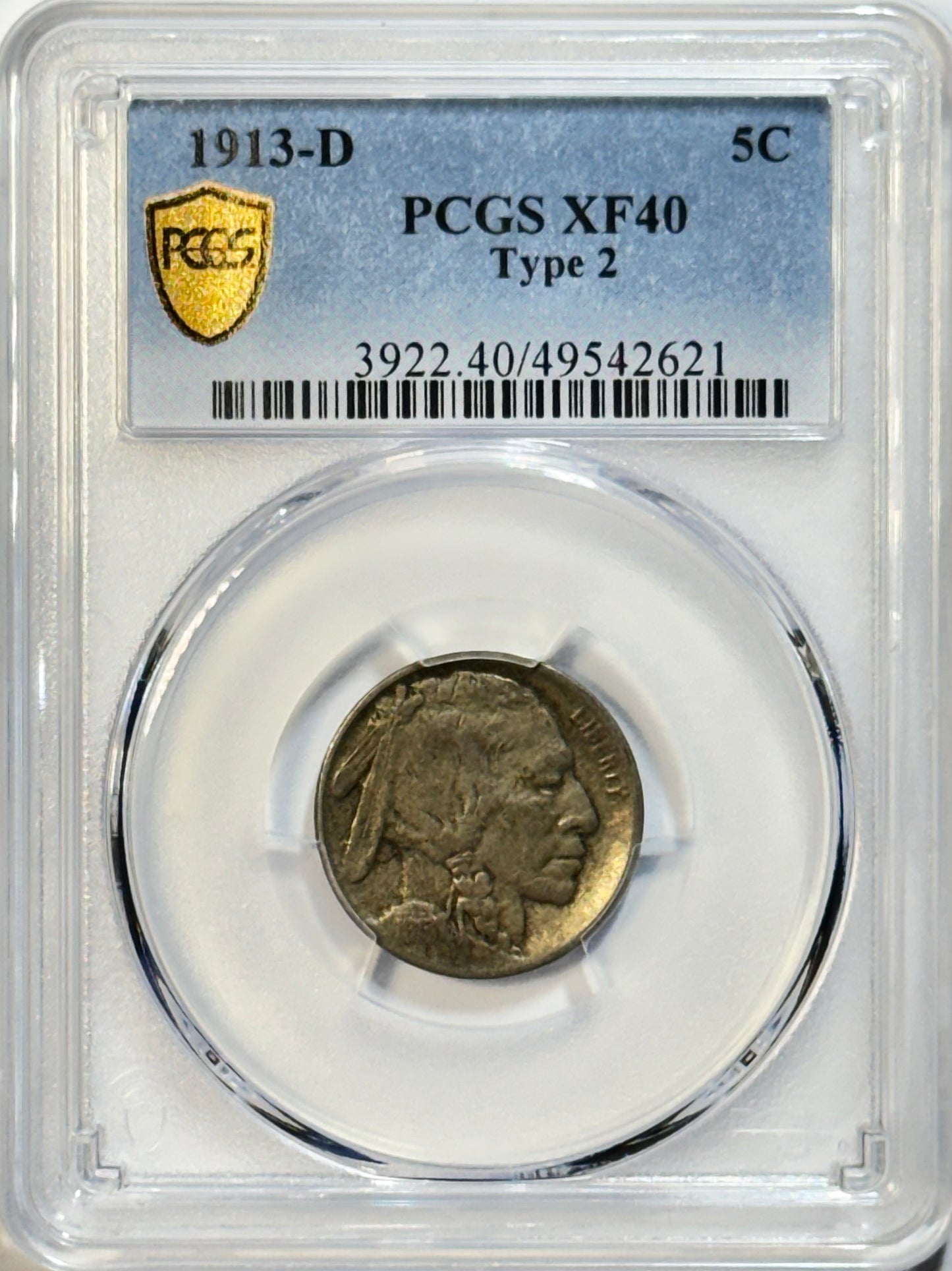 1913-D Buffalo Nickel Type 2 - PCGS XF40 - Key Date Better Date 5C Gold Shield