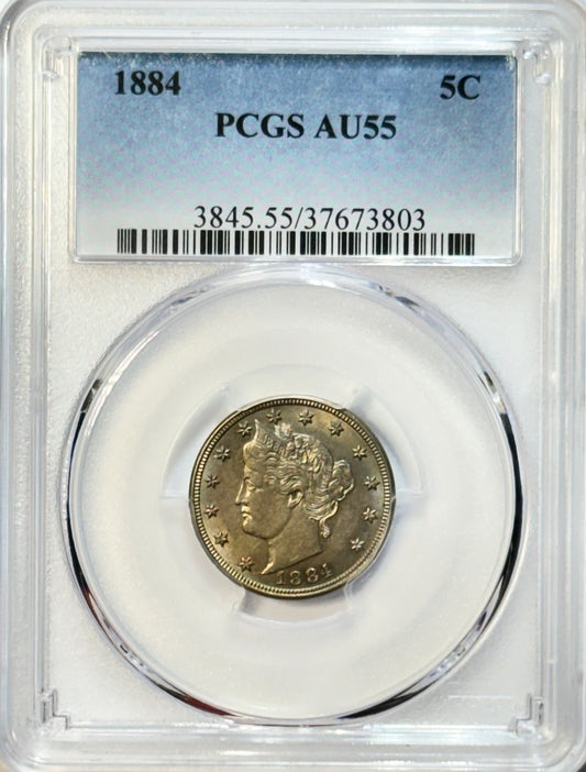 1884 Liberty Head V Nickel WITH CENTS - PCGS AU55 - Beautiful Certified 5C