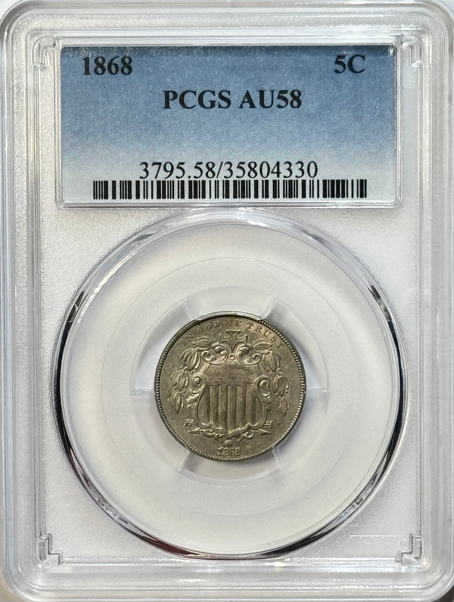 1868 Shield Nickel - PCGS AU58 - Choice Slider Almost Uncirculated 5C