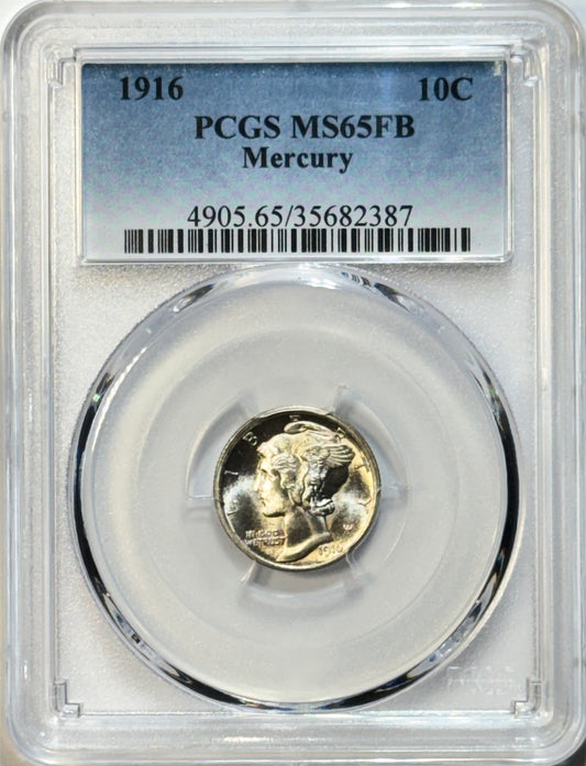 1916 Mercury Dime 10C - PCGS MS65FB - Full Bands Gem Mint State First Year Coin