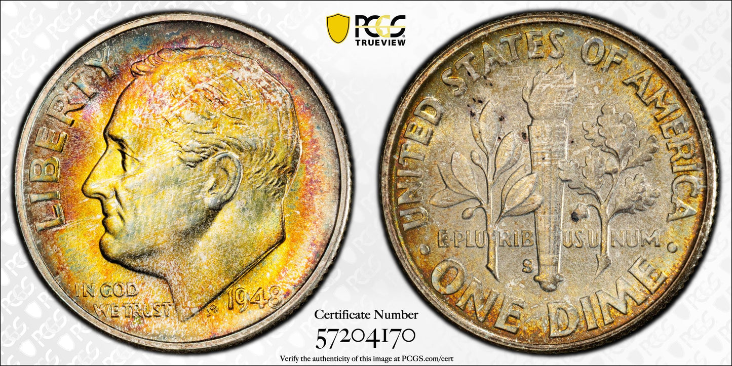 1948-S Roosevelt Dime - PCGS MS67+ - Gold Shield Superb Toning Gem Silver 10C