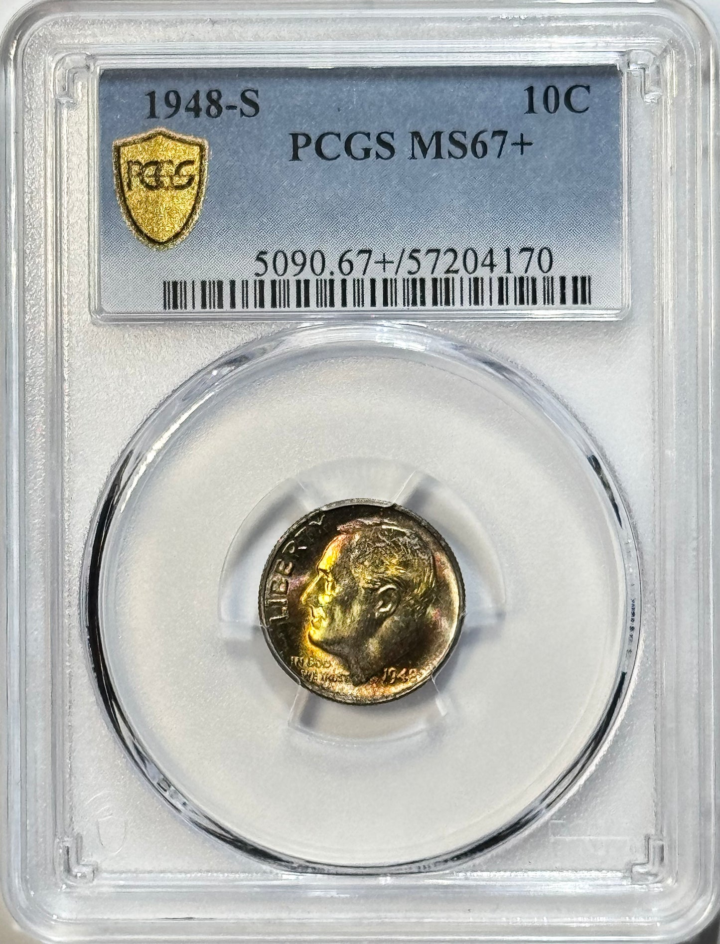 1948-S Roosevelt Dime - PCGS MS67+ - Gold Shield Superb Toning Gem Silver 10C