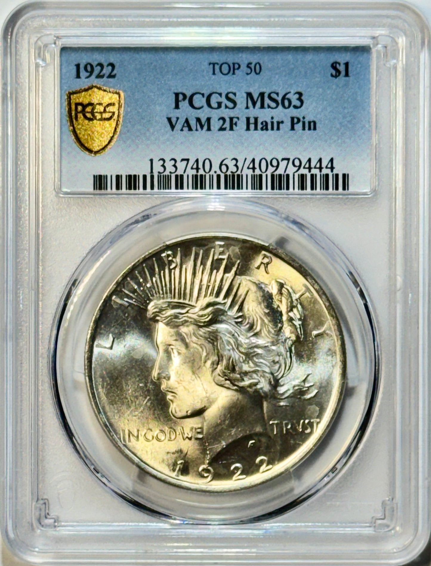 1922 Peace Dollar VAM 2F Hair Pin Top 50 - PCGS MS63 - Gold Shield PQ