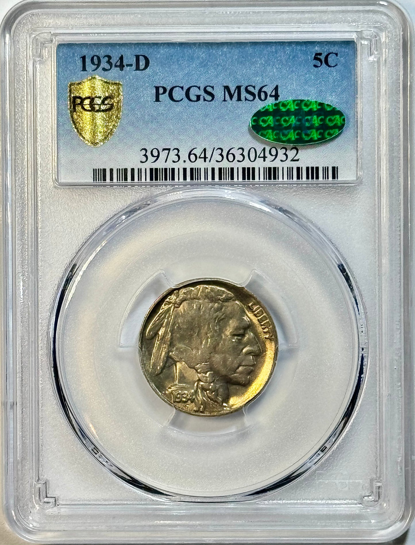 1934-D Buffalo Nickel - PCGS MS64 CAC - Gold Shield Trueview 5C PQ Gem BU