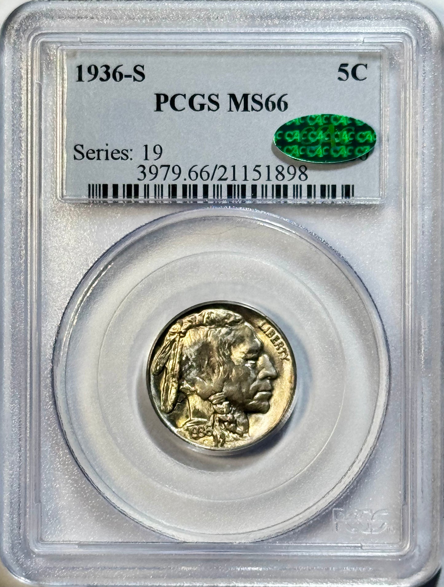 1936-S Buffalo Nickel - PCGS MS66 CAC - Gold Shield Gem BU 5C Nice Original Coin