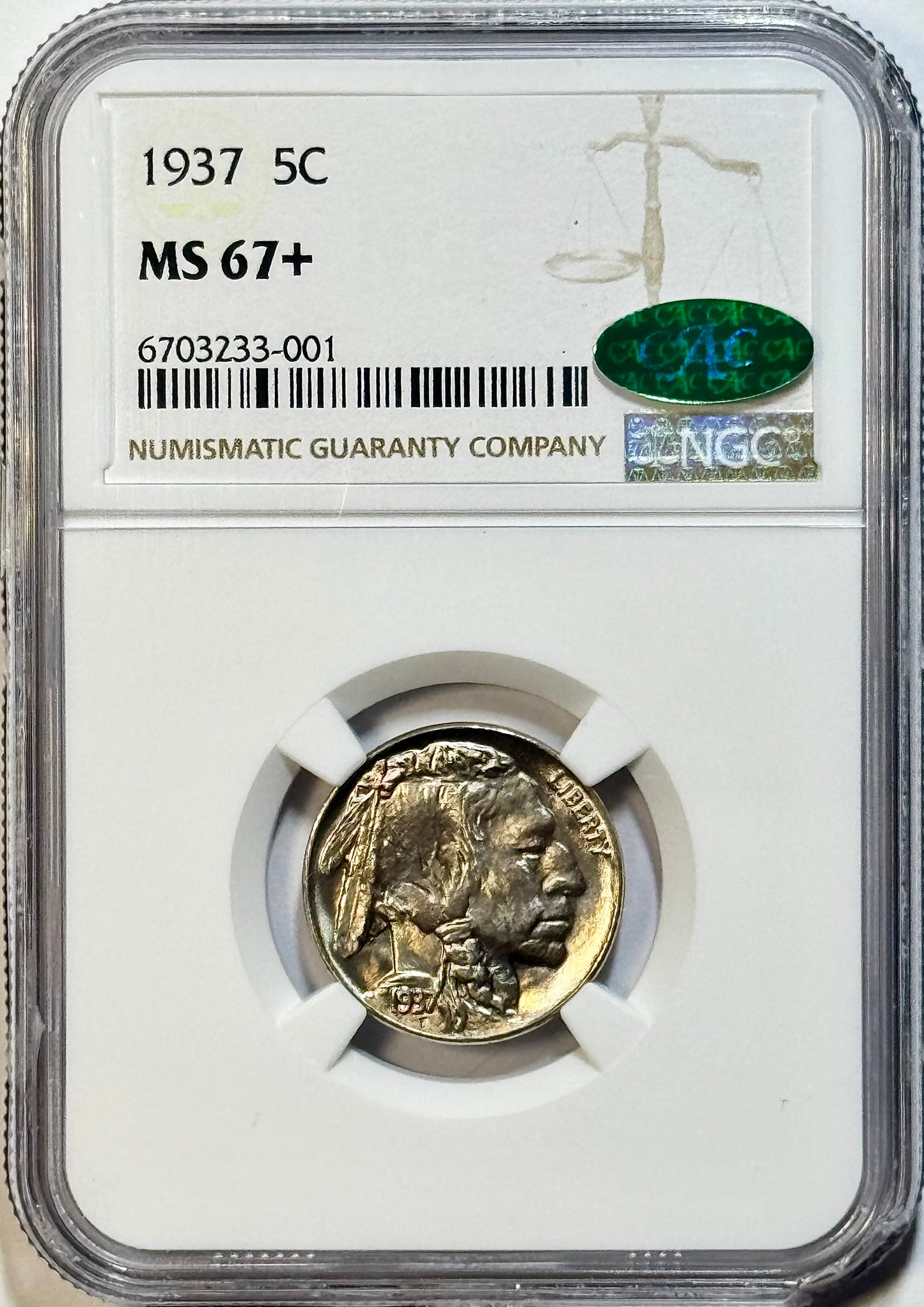 1937 Buffalo Nickel - NGC MS67+ CAC - Gem Superb Plus 5C Premium Registry Coin
