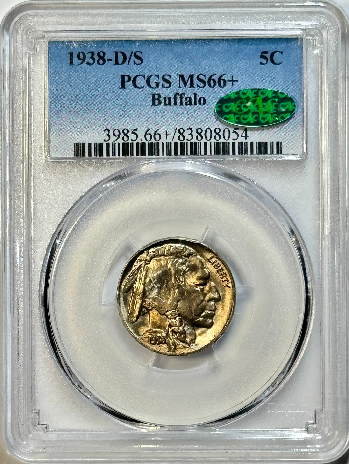 1938-D/S Buffalo Nickel - PCGS MS66+ CAC - Premium Gem Plus Grade 5C