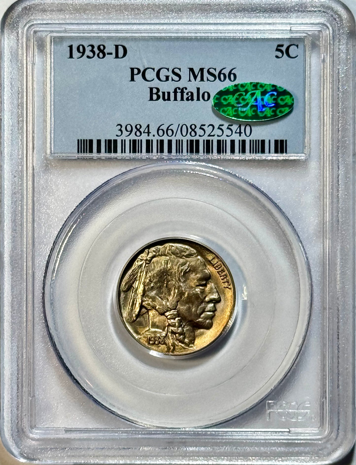 1938-D Buffalo Nickel - PCGS MS66 CAC - Gem BU Premium Quality 5C