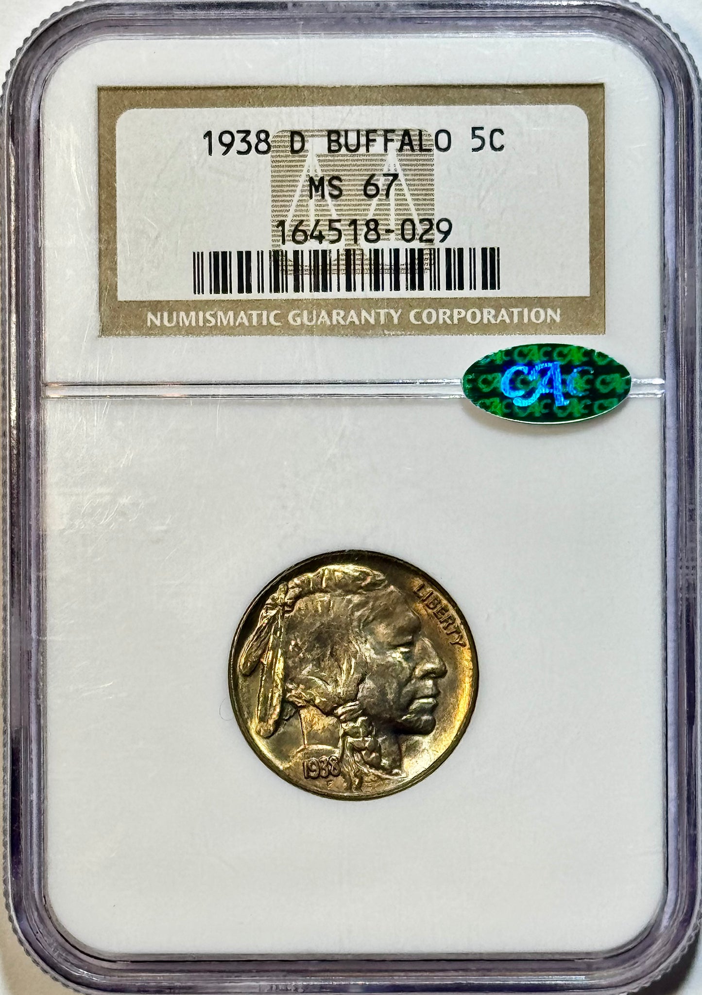1938-D Buffalo Nickel - NGC MS67 - CAC Fatty Holder Gem BU Premium Quality 5C