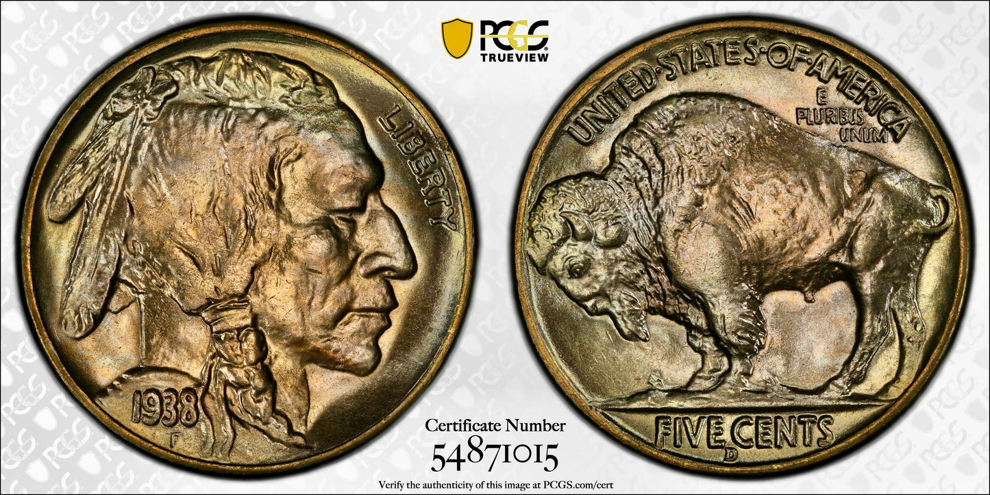 1938-D Buffalo Nickel PCGS MS67 CAC Superb Gem Premium Quality Gold Shield 5C