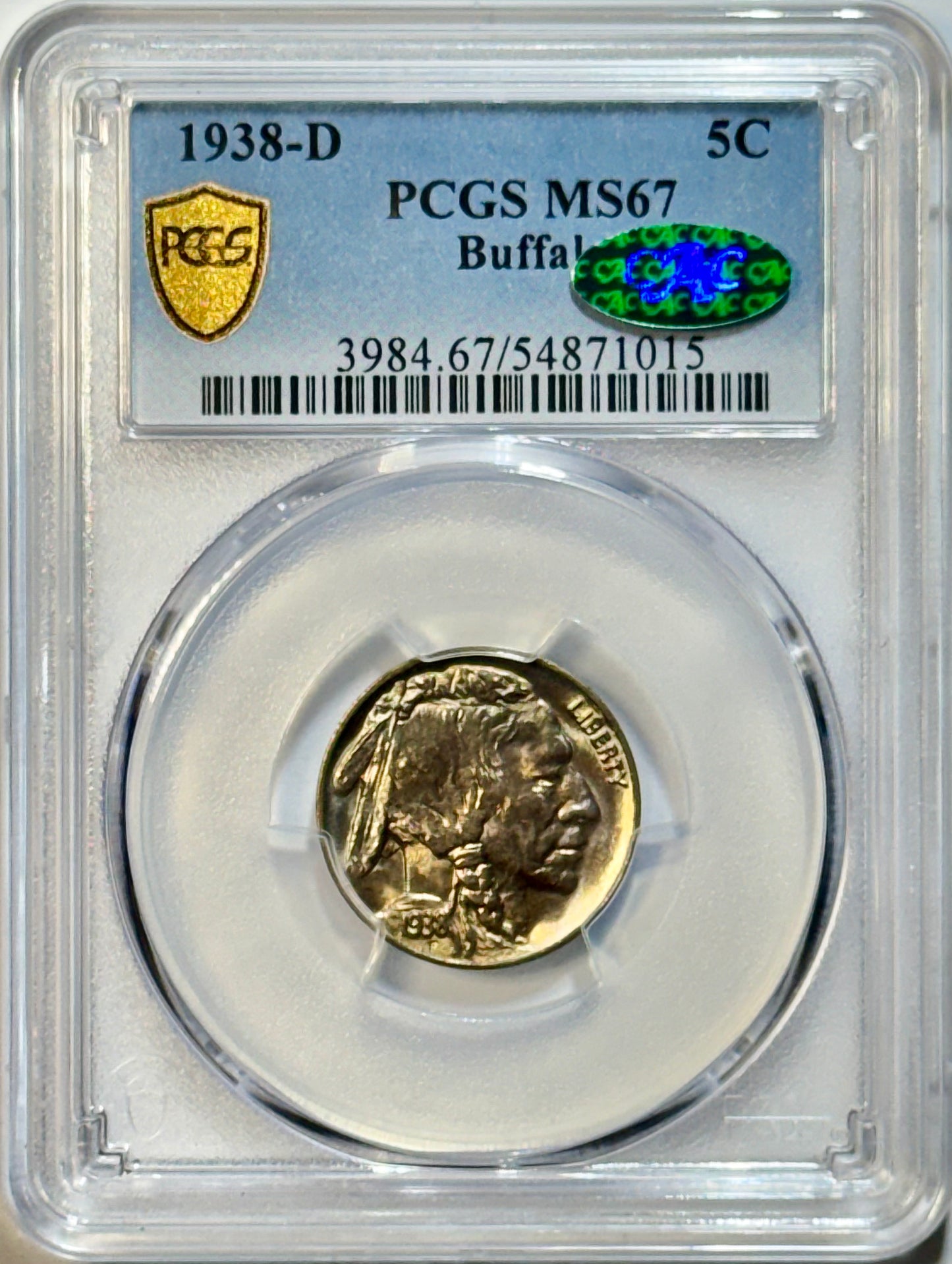 1938-D Buffalo Nickel PCGS MS67 CAC Superb Gem Premium Quality Gold Shield 5C