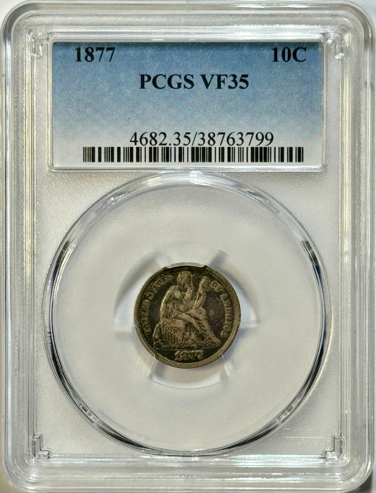 1877 Seated Liberty Dime 10C PCGS VF35 Better Date Philadelphia Certified Coin
