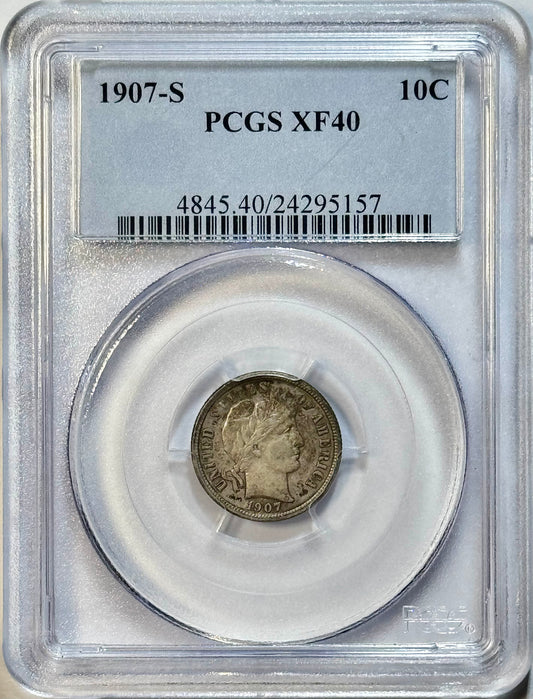 1907-S Barber Dime - PCGS XF40 - Better Date Certified Silver 10C Nice Original