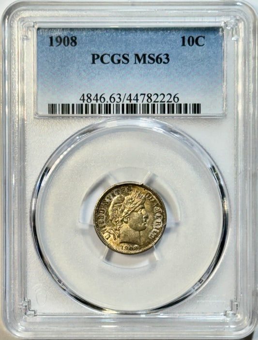 1908 Barber Dime - PCGS MS63 - Original Mint State Silver 10C Beautiful Coin!