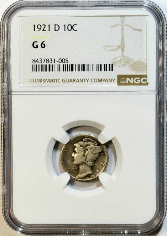 1921-D Mercury Dime - NGC G6 - Key Date 10C Silver Certified Coin