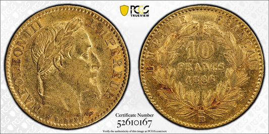 1866-BB (Grand BB) France 10 Francs Gold - PCGS AU50 - Napoleon III True View