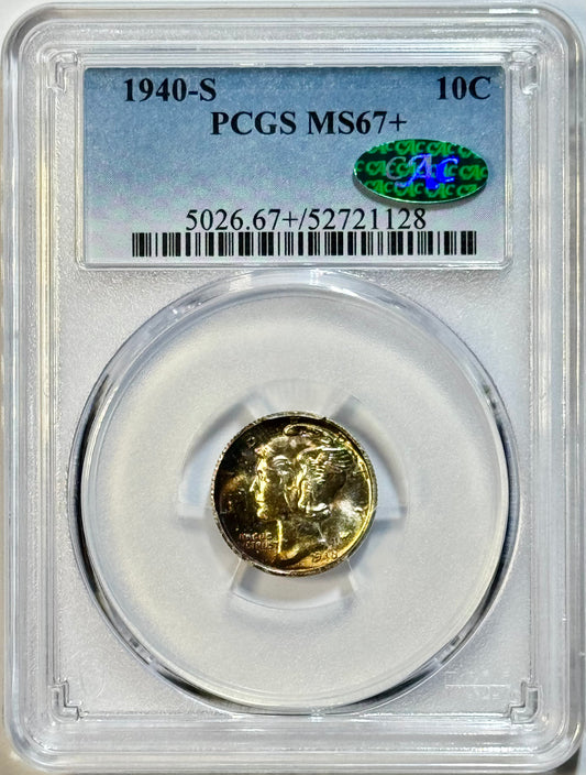 1940-S Mercury Dime 10C PCGS MS67+ CAC Beautiful Burnt Gold Toned