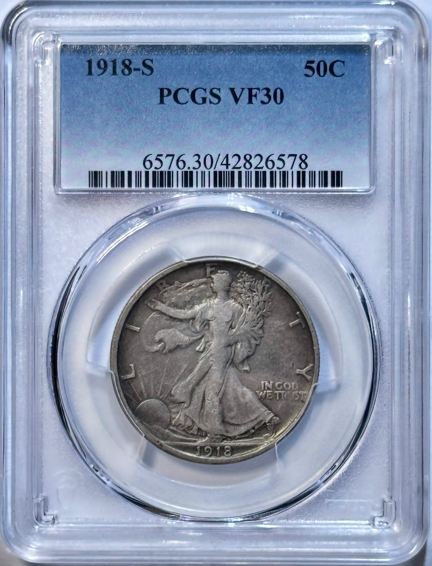 1918-S Walking Liberty Half Dollar PCGS VF30 Dark Purple Green Toning 90% Silver