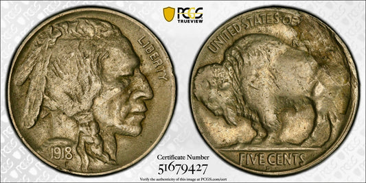 1918-D Buffalo Nickel - PCGS XF40 - Mint Error Reverse Lamination Scarce 5C Coin