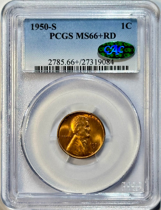 1950-S Lincoln Wheat Cent - PCGS MS66+RD CAC - Gem Red Superb Eye Appeal 1C