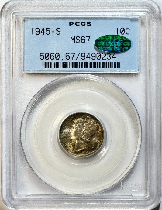 1945-S Mercury Dime - PCGS MS67 CAC - Beautifully Toned Silver 10C