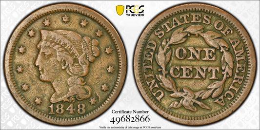 1848 Braided Hair Large Cent - PCGS F12 - 1C Classic Early Copper