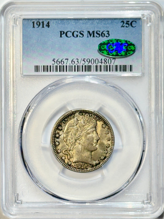 1914 Barber Quarter - PCGS MS63 CAC - 25C Philadelphia Mint 90% Silver