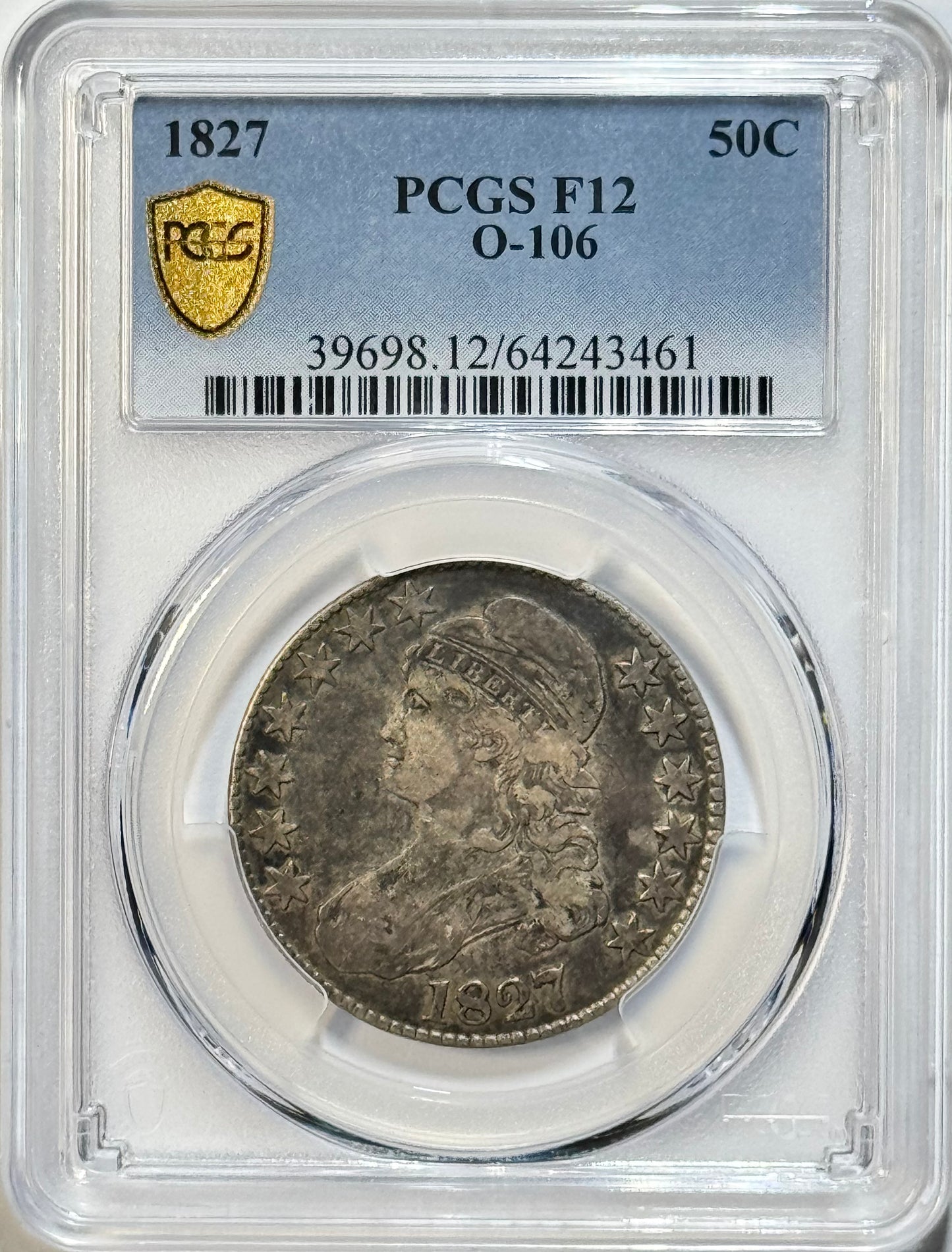 1827 Capped Bust Half Dollar - PCGS F12 - O-106 Square Base 2 50C Silver