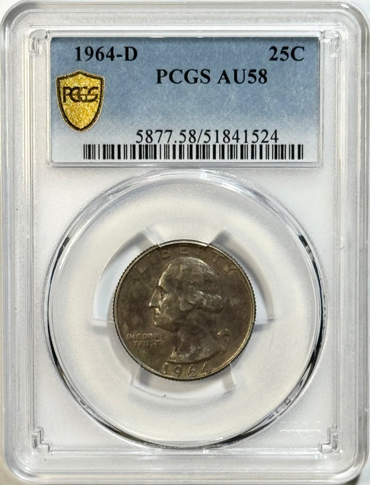 1964-D Washington Quarter PCGS AU58 Rainbow Toned 90% Silver TrueView See Video!