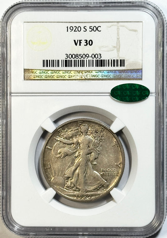 1920-S Walking Liberty Half Dollar - NGC VF30 CAC - 50C San Francisco