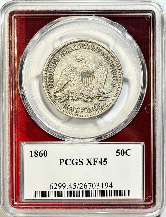 1860 Seated Liberty Half Dollar -PCGS XF45 - 50C Philly 90% Silver - No Arrows