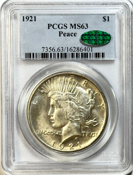 1921 Silver Peace Dollar - PCGS MS63 - Legacy CAC Cert - High Relief Key Date $1