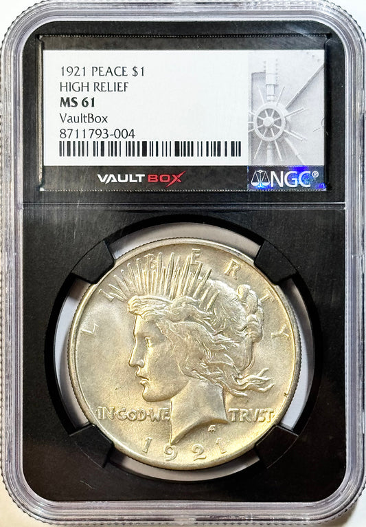 1921 Peace Silver Dollar - NGC MS61 - High Relief VaultBox Key Date $1