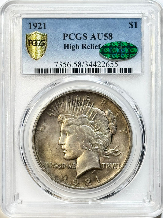 1921 Silver Peace Dollar - PCGS AU58 CAC - High Relief Key Date $1